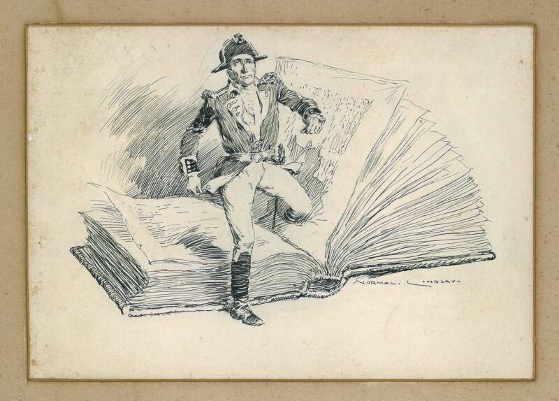 NORMAN LINDSAY (1879-1969), ink drawing of an historical figure stepping out of the pages of a book, 22x19cm.