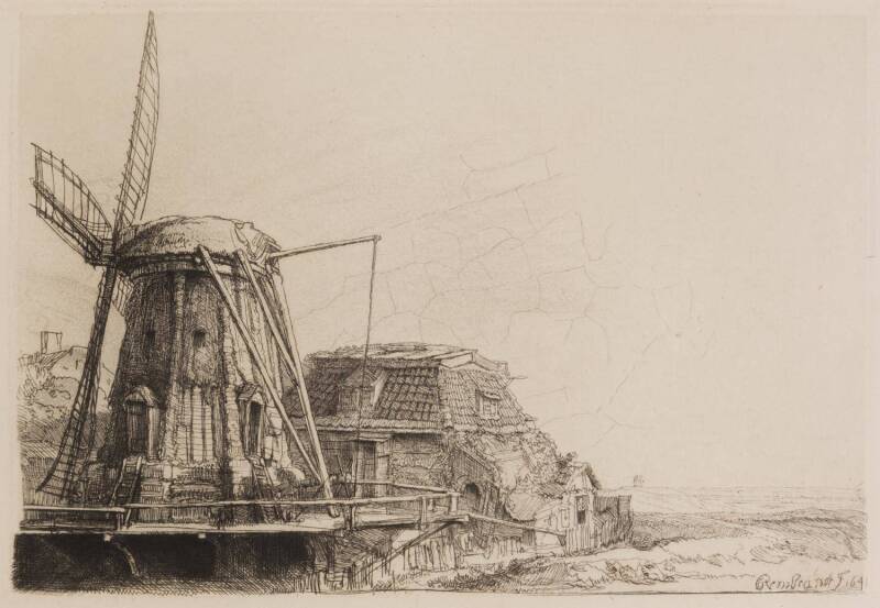 REMBRANDT (1606-1669), "The Windmill", etching, signed lower right & dated "1641", later reprint, window mounted, framed & glazed, overall 43x38cm.