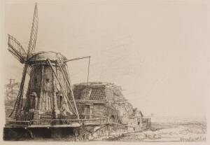 REMBRANDT (1606-1669), "The Windmill", etching, signed lower right & dated "1641", later reprint, window mounted, framed & glazed, overall 43x38cm.