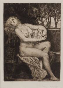 MAX KLINGER (1857-1920), engraving of seated nude, window mounted, framed & glazed, overall 35x42cm.