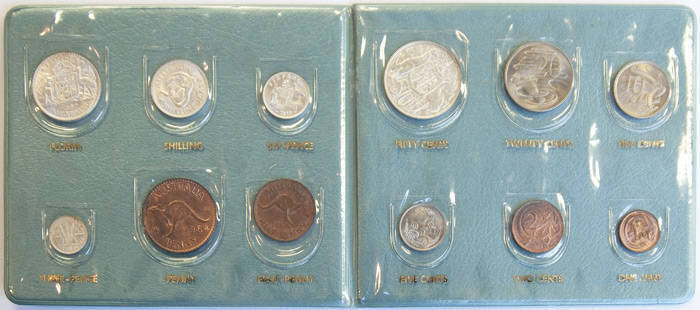 Aust. coins; 1937 Crown (2), silver range, majority post 1946, 2/- (6), 1/- (9), 6d (12) & 3d (24). Penny set (77), less a 1920 & 1930, incl. 1925 with 'broken L leg of 2nd N in penny' & 1946. Hendo 1966 first & last coins album. 1966 silver 50c (10); She