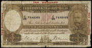 BANKNOTE group with Australia 1934-36 (R.10) KGV 10/-, o'ptd "TEN SHILLINGS", VG; 1952 (R.32) KGVI £1 Coombs/Wilson, VG; 1960 (R.50) QEII £5 Coombs/Wilson, Reserve Bank, F; Decimal $1 and $20 Fraser/Higgins. Plus world notes (22 incl. Japan x11. Mixed con