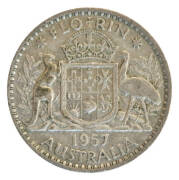 Silver pre 1945 2/- (8 incl. 1927 Canberra x4 & a forgery), 1/- (5), 6d (13) & 3d (53). Post 1946 2/- (41), 1/- (8), 6d (28 incl. a 1960 mis-struck) & 3d (78).
