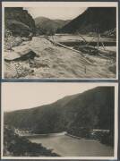 NSW: Burrinjuck Dam: two real photo postcards showing water flowing over the yet-to-be-completed dam wall presumably during the July 1922 or May 1925 floods plus another showing the dam wall complete with construction township at right and machinery below - 2