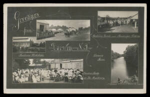 Northern Territory: Darwin: 'Greetings from Darwin' real photo postcard (JP Campbell, Malvern, Vic photo) with vignette views of Railway Workshops, Goods & Passenger Siding, Residency Garden Party and River sent under cover with 1913 message on back, fine