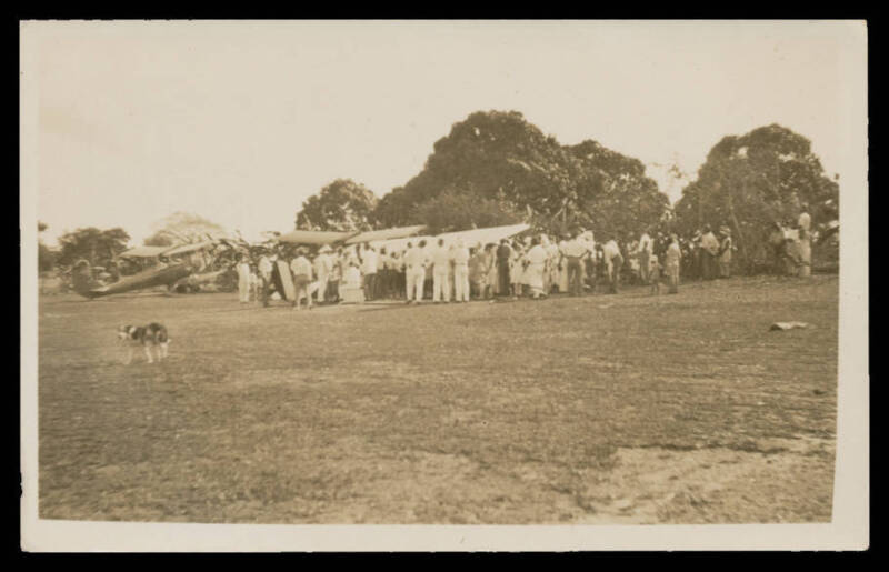 Northern Territory: 1931 real photo cards of Charles Kingsford Smith and Captain Matthews landing at Darwin, planes of Kingsford Smith & Captain Matthews on the landing strip, crowd arround Matthews' plane, Matthews with two locals (and two other cards un