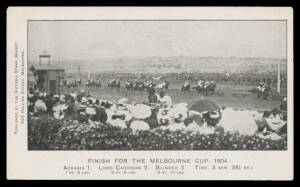 Victoria: Flemington Racecourse 'Finish For The Melbourne Cup 1904' Winning Post showing 'Acrasia' winning the race from 'Lord Cardigan' & 'Blinker', published by Victoria Stamp Market, unused, fine condition.