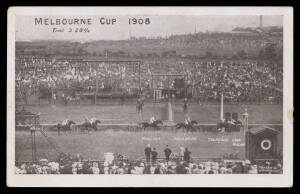 Victoria: Flemington Racecourse 'Melbourne Cup 1908' Winning Post showing 'Lord Nolan' winning the race from 'Tulkeroo' & 'Delaware', minor edge fault at right, used under cover.