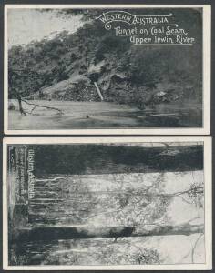 West Aust: 1908 Franco-British Exhibition cards produced by the WA Government Lithographer comprising "Tunnel on Coal Seam..." in black, "We have 8,000,000 acres of Jarrah Forests..." in black, "Wheat Farm, Wyola" in purple and "Young Horses..." in black,