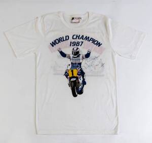 SPORT AUTOGRAPHS: Wayne Rainey (500cc World Champion) signature on Yamaha T-shirt worn in race; Wayne Gardner signed T-shirt; Reg Gasnier signature on tribute Dinner Menu.