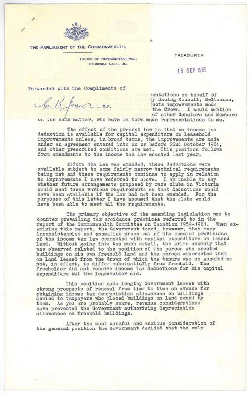 HAROLD HOLT (Australia's 17th Prime Minister), signed 2-page letter dated 16th Sep.1965 on "Commonwealth of Australia, Treasurer" letterhead to MP C.K.Jones re improvements made by sporting bodies on land leased from the Crown. [Harold Holt's term as Prim