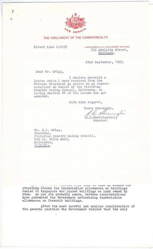 HAROLD HOLT (Australia's 17th Prime Minister), signed 2-page letter dated 16th Sep.1965 on "Commonwealth of Australia, Treasurer" letterhead to Senator R.D.Sherrington, on behalf of the Victorian Country Racing Council, re improvements made by sporting bo
