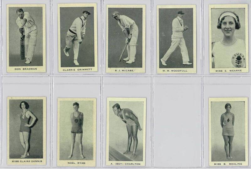 1932 Godfrey Phillips "Australian Sporting Celebrities", almost complete set [49/50], noted Don Bradman, Phar Lap & Walter Lindrum; plus 1933 Carreras (Turf Cigarettes) "Personality Series" (73-96), complete set [24], noted Don Bradman, Walter Lindrum, Ha