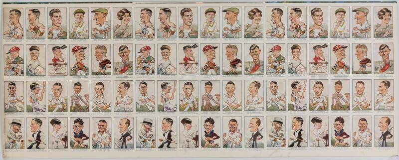 1933 Carreras (Turf Cigarettes) "Personality Series" (73-96), uncut sheet of 72 with 3 complete sets of 24, each set with Don Bradman, Walter Lindrum, Haydn Bunton & Jimmy Pike. G/VG.