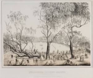 MELBOURNE CRICKET GROUND: "Melbourne Cricket Ground (1st January 1864)", original lithograph published by Charles Troedel, window mounted, framed & glazed, overall 68x63cm. 