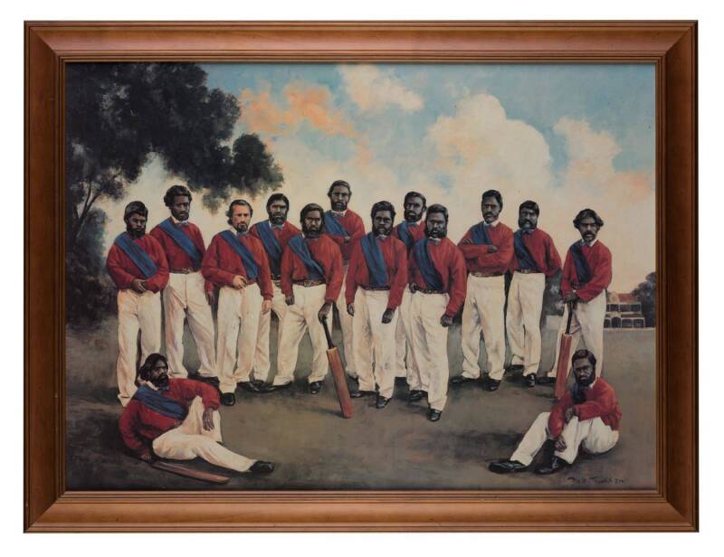 "The First Australian Cricket Team to Tour England 1868", limited edition print on canvas by Dave Thomas, showing the famous Aboriginal team, published by the Bradman Museum, framed, overall 87x67cm. With framed plaque of players names. (2 items).