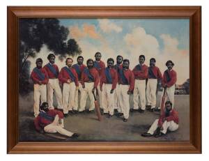 "The First Australian Cricket Team to Tour England 1868", limited edition print on canvas by Dave Thomas, showing the famous Aboriginal team, published by the Bradman Museum, framed, overall 87x67cm. With framed plaque of players names. (2 items).