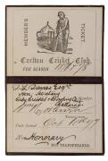 CARLTON CRICKET CLUB, 1877-78 Member's Season Ticket in superb condition. Honorary ticket awarded to D.G.Davies Esqre, Hon. Secretary, City Cricket & Bowling Club, Ballarat.