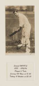 SAMMY WOODS, signature on postcard "Mr S.M.J.Woods (Somersetshire)", window mounted, framed & glazed, overall 24x36cm. [S.M.J.Woods played 3 Tests for Australia in 1888, and 3 Tests for England 1895-96 - one of only 5 players to represent both Australia &