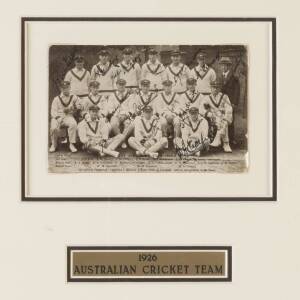 1926 AUSTRALIAN TEAM, postcard "The Australian Team 1926", with 17 signatures including Herbert Collins, Clarrie Grimmett, Bill Woodfull & Bill Ponsford; window mounted, framed & glazed, overall 37x35cm.