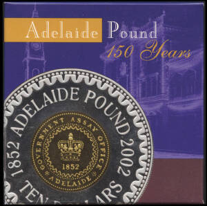 $10.00 group, 1999-2001 Millennium set of 3, "The Past", "The Present" and "The Future"; Bi-Metal pair, 2002 "Adelaide Pound" and 2003 "Sydney Mint Pattern". Minor faults to "The Past" box. Cat $840.