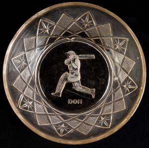 DON BRADMAN, very rare "Don" glass bowl, with attractive scene of Don Bradman batting impressed into base, c1930. Fine condition. Together with a photograph of the bowl signed by Don Bradman.