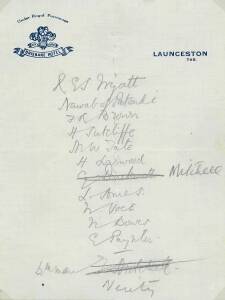 1932-33 ENGLAND "BODYLINE" TOUR TO AUSTRALIA: MCC team list written out by R.E.S.Wyatt on "Brisbane Hotel, Launceston, Tas" letterhead; plus team picture with 6 signatures including R.E.S.Wyatt, Gubby Allen & Freddie Brown.