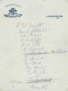 1932-33 ENGLAND "BODYLINE" TOUR TO AUSTRALIA: MCC team list written out by R.E.S.Wyatt on "Brisbane Hotel, Launceston, Tas" letterhead; plus team picture with 6 signatures including R.E.S.Wyatt, Gubby Allen & Freddie Brown.