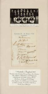 1938 AUSTRALIAN TEAM, display comprising official team sheet in superb condition with 17 signatures, noted Don Bradman, Sid Barnes (scarce), Bill Brown & Lindsay Hassett; mounted with postcard "Australian Team, 1938", framed & glazed, overall 31x51cm. Att