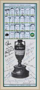 "AUSTRALIAN TEST CRICKET CAPTAINS", display with signatures of Australia's 22 captains from Don Bradman to Ricky Ponting, including Lindsay Hassett, Ray Lindwall & Richie Benaud, window mounted, framed & glazed, overall 31x55cm.