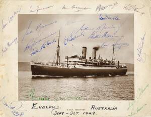 1948 AUSTRALIAN "INVINCIBLES" TOUR OF ENGLAND: Photograph of R.M.S.Orontes signed on the photo and mount by the entire Australian team, 17 signatures including Don Bradman, Sid Barnes, Ray Lindwall & Lindsay Hassett, overall 25x20cm. A lovely piece.  