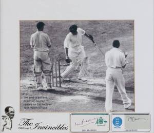 BRADMAN'S LAST TEST, display with photograph of Bradman bowled for a duck, mounted with cards signed by Don Bradman & Eric Hollies, framed & glazed, overall 39x33cm.