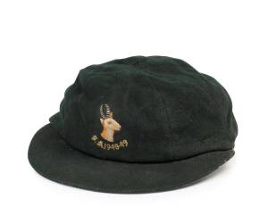 KEN VILJOEN'S SOUTH AFRICA 1948-49 TEST CAP, from the tour to England, green wool, embroidered Springbok & "S.A.1948-49" on front, made by Palmer of Johannesburg. Fair/Good match-used condition. [Ken Viljoen played 27 Tests 1930-49].