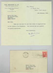 DON BRADMAN, lovely signature on 10th Feb.1949 letter on "Don Bradman & Co." letterhead, thanking the writer for his kind letter of congratulations on the occasion of Bradman's Knighthood. With original envelope. A significant moment in Bradman's life.