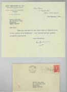 DON BRADMAN, lovely signature on 10th Feb.1949 letter on "Don Bradman & Co." letterhead, thanking the writer for his kind letter of congratulations on the occasion of Bradman's Knighthood. With original envelope. A significant moment in Bradman's life.