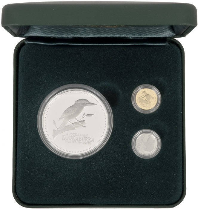 2002 Perth Mint, Family of Precious Metals, cased set of 3, Mini Outback collection with 1oz silver, 1/20oz gold and 1/20oz platinum. No. 177/750.