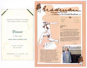 EPHEMERA, ex Jack Potter collection, noted Player's Contract for 1960 Australian tour to NZ; 1964 Dinner Menu in honour of South African team; c1986 "A tribute to Sir Donald Bradman" signed on front by Don Bradman. (8 items).