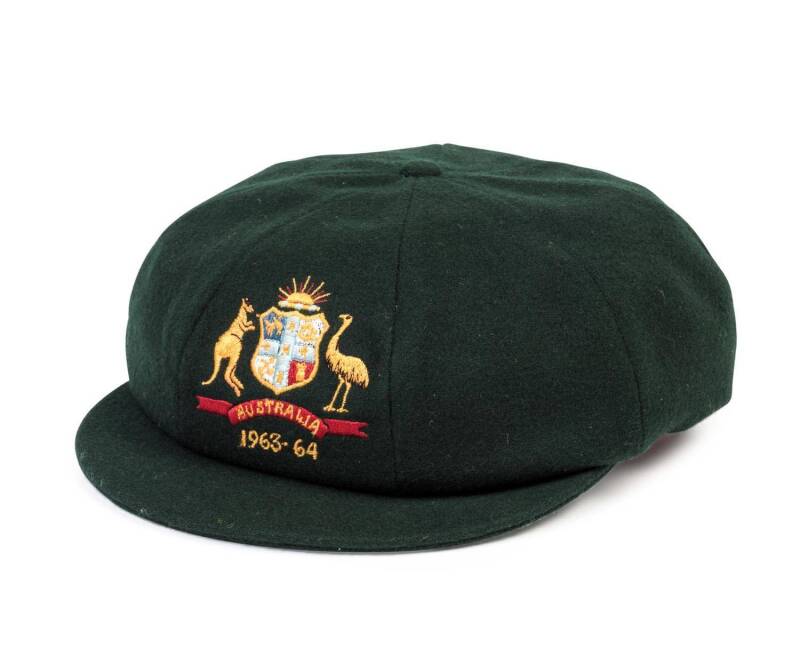 JACK POTTER'S "BAGGY GREEN" AUSTRALIAN TEST CAP, green wool. embroidered Australian Coat-of-Arms & "1963-64" on front. Very good match-used condition. Ex Jack Potter collection. [Jack Potter played 104 First Class matches 1957-67. He toured New Zealand in