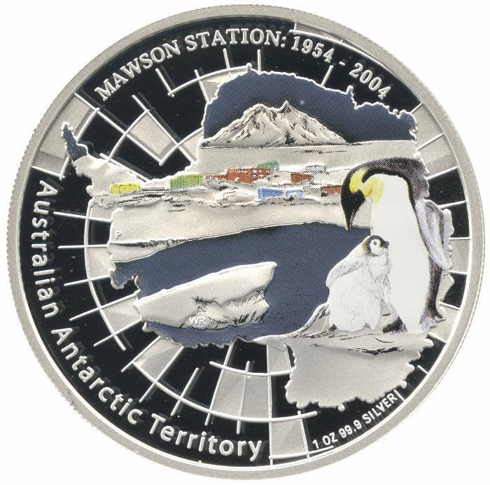 AUST. ANTARCTIC TERRITORIES: 1oz silver proofs, 2004 Mawson Station, 2005 Leopard Seal, 2006 Edgeworth David Base and 2007 Davis Station. Limited to 7,500 sets, cat. $620.