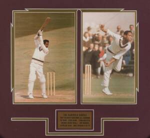 GARFIELD SOBERS, display with signed photograph (some fading), window mounted with another action photograph, framed & glazed, overall 55x52cm. Ex James Hird collection. [Sir Garfield Sobers played 93 Tests for West Indies 1954-74].