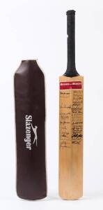 1975 AUSTRALIA v WEST INDIES, full size "Slazenger" Cricket Bat signed by both teams on reverse, with 31 signatures including Greg Chappell, Ian Chappell, Dennis Lillee, Clive Lloyd & Michael Holding. Handle rubber with faults, though signatures superb.