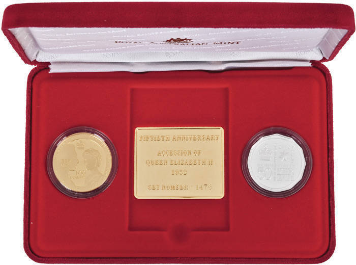 2002 QEII Accession cased set of 2 proofs. With $100 1oz 99.9 fine GOLD coin & a 50c sterling silver coin. No. 1476 of 1500 released.