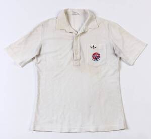 GEOFF BOYCOTT'S ENGLAND TEST SHIRT, with embroidered England logo on left breast; plus his shirt from 1982 Rebel tour to South Africa, both with signed notes from Geoff Boycott.