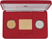 2003 QEII Coronation cased set of 2 proofs. With $100 1oz 99.9 fine GOLD coin & a 50c sterling silver coin. No. 364 of 660 released.