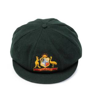 DENNIS LILLEE'S "BAGGY GREEN" AUSTRALIAN TEST CAP, green wool. embroidered Australian Coat-of-Arms on front, endorsed inside "DKL". The cap is in very good match-used condition. Ex Rodney Hogg collection. [Dennis Lillee played 70 Tests 1971-84].