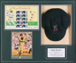 ALLAN BORDER: Display "AB's Trek for Kids" with special Trek for Kids "Baggy Green" (No.1 of 11 made by official manufacturer), window mounted with signed Australia Post sheetlet & action photograph, framed & glazed, overall 78x65cm.