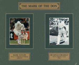 DON BRADMAN & MARK TAYLOR, display "The Mark of the Don" comprising signed photographs of Mark Taylor & Don Bradman, window mounted, framed & glazed, overall 86x60cm.