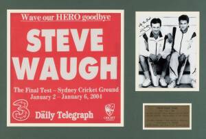 STEVE WAUGH, display with signed photograph, window mounted with farewell handkerchief, framed & glazed, overall 89x64cm.