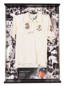 SHANE WARNE: "A Brilliant Career" display comprising signature on replica Test shirt, limited edition 126/250, mounted in attractive display case, overall 79x108cm. With CoA.