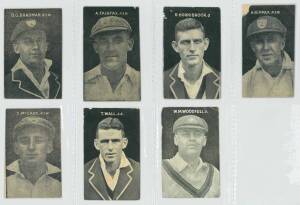1930 Plumridge's Confectionary "Australian Cricketers" [7/15 known - including one of the rarest Don Bradman cards]. Fair/VG. {Very scarce - Deadman lists 11, Harris & Seymour list 4 more and varieties from three printings}.